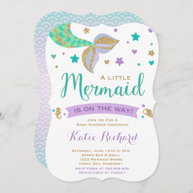 Mermaid Baby Shower Invitation Teal Purple Gold (Front/Back)