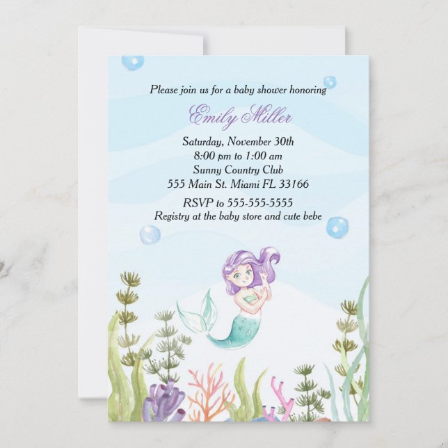 Mermaid Baby Shower Invitation Under The Sea (Front)