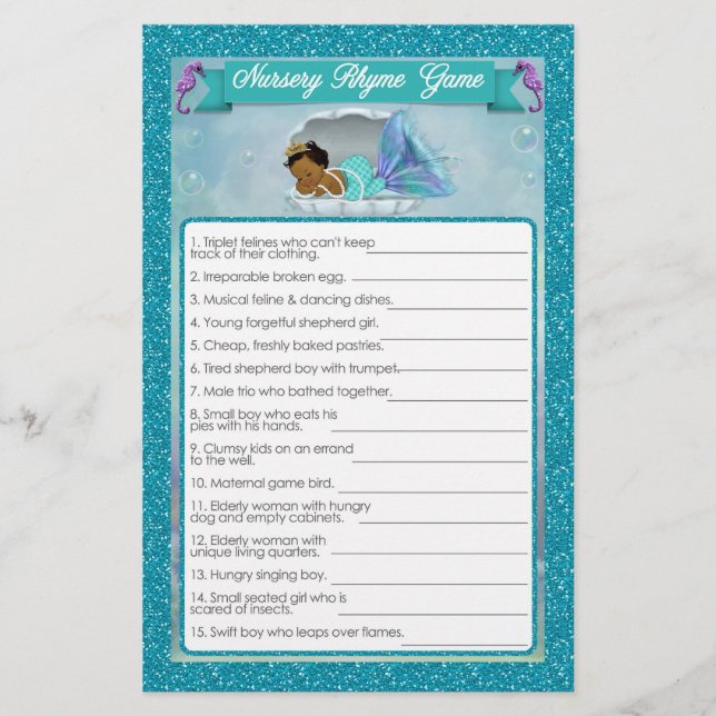 Mermaid Baby Shower Nursery Rhyme Game #135 Flyer (Front)