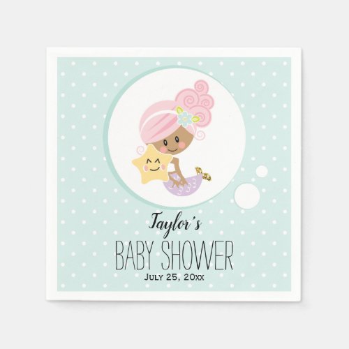 Mermaid Baby Shower Paper Napkins Dark Skin Tone