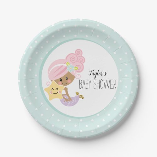 Mermaid Baby Shower Plates Dark Skin Tone