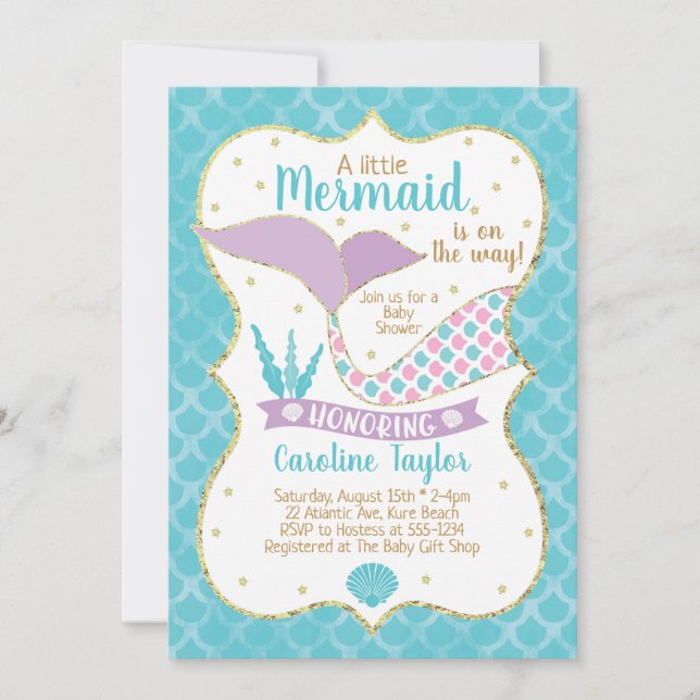 Mermaid Baby Shower Purple and Turquoise Invitation (Front)
