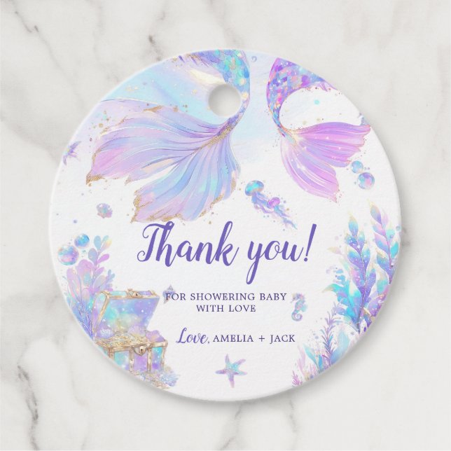 Mermaid Baby Shower Round Favor Tag (Front)