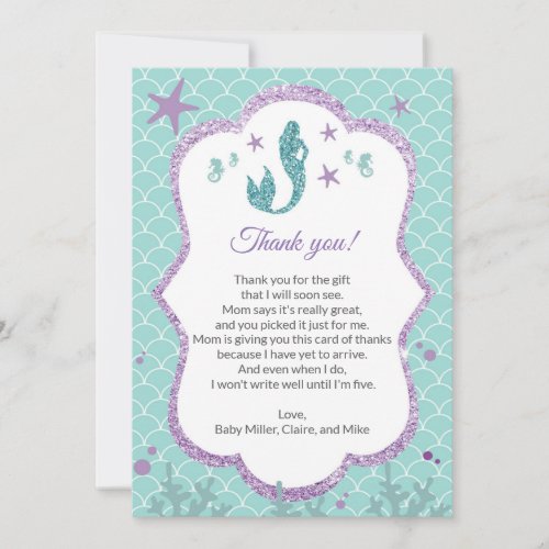 Mermaid Baby Shower Thank You Card Purple Teal