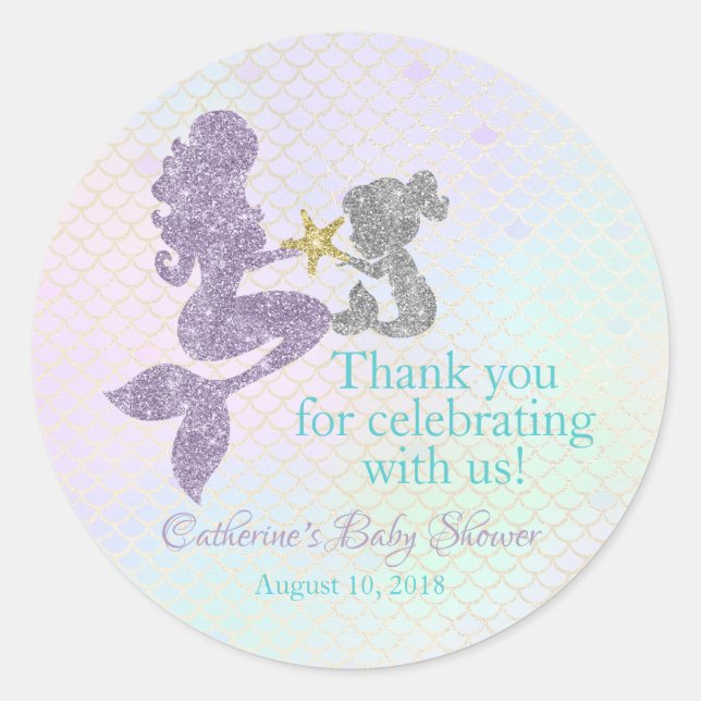 Mermaid Baby Shower thank you stickers party favor (Front)