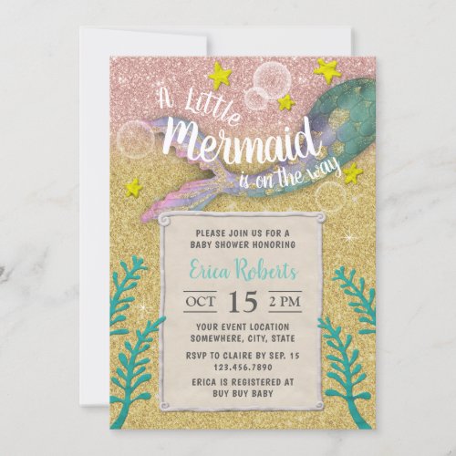 Mermaid Baby Shower Under the Sea Gold Glitter Invitation