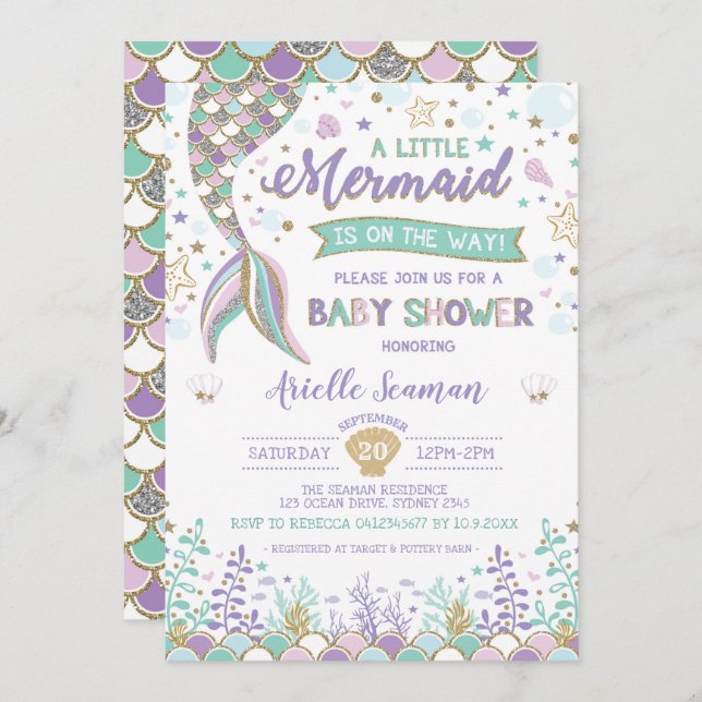 Mermaid Baby Shower Under the Sea Invite Beach (Front/Back)