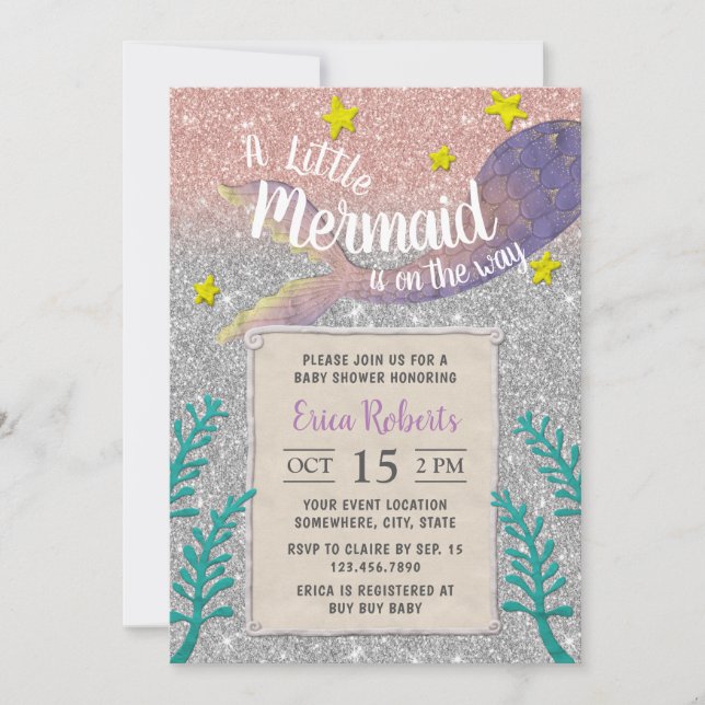 Mermaid Baby Shower Under the Sea Silver Glitter Invitation (Front)