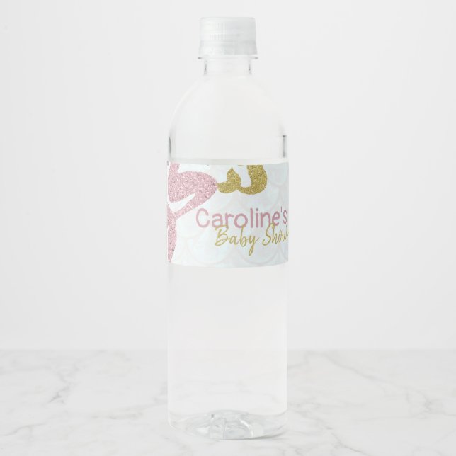 Mermaid Baby Shower Water bottle wrapper Rose Gold Label (Front)