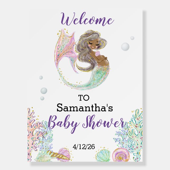 Mermaid Baby Shower Welcome African American Foam Board (Front)