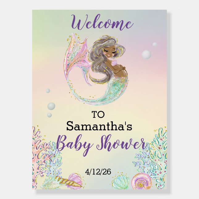 Mermaid Baby Shower Welcome African American Foam Board (Front)