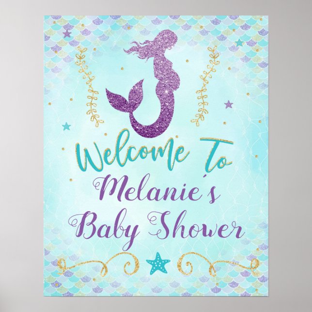 Mermaid Baby Shower Welcome Sign Poster Backdrop (Front)