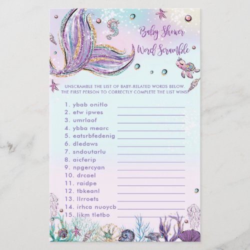 Mermaid Baby Shower Word Scramble Fun Game Sheet