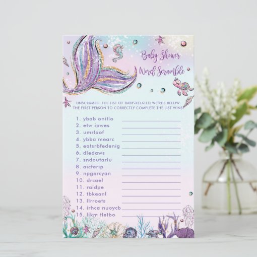 Mermaid Baby Shower Word Scramble Fun Game Sheet | Zazzle