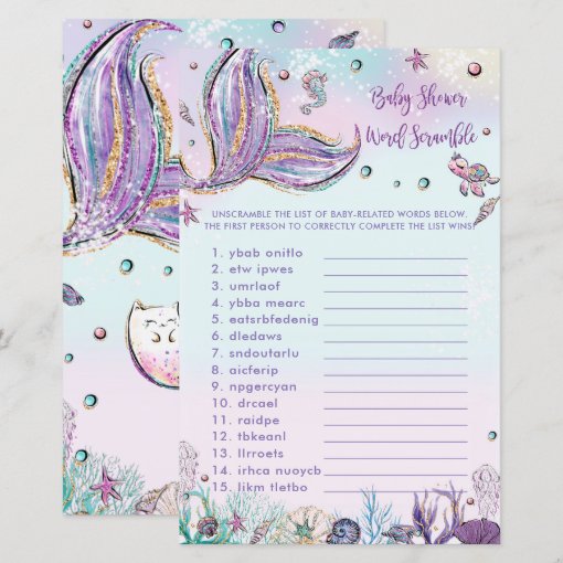 Mermaid Baby Shower Word Scramble Fun Game Sheet | Zazzle
