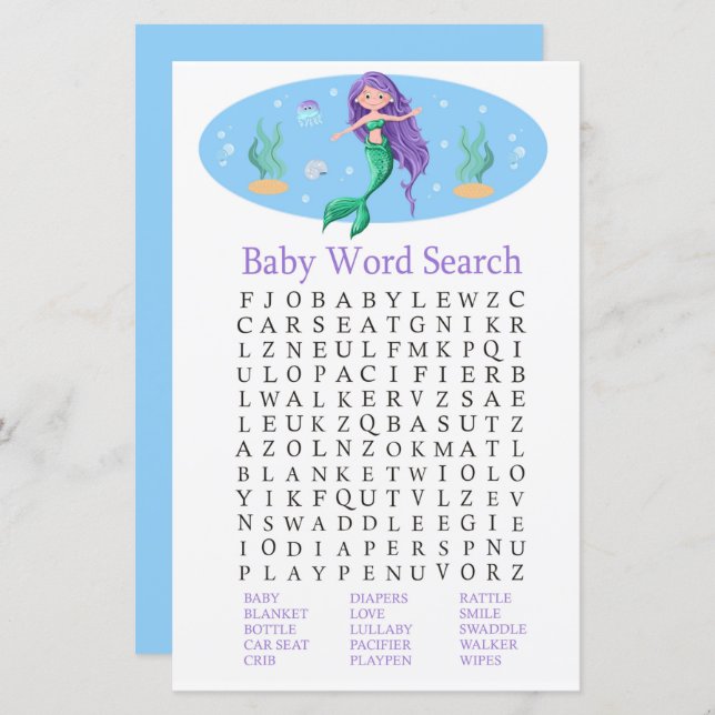 Mermaid Baby Shower Word Search Game (Front/Back)
