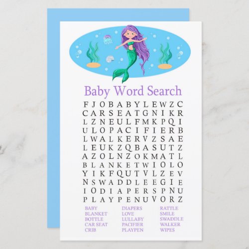 Mermaid Baby Shower Word Search Game