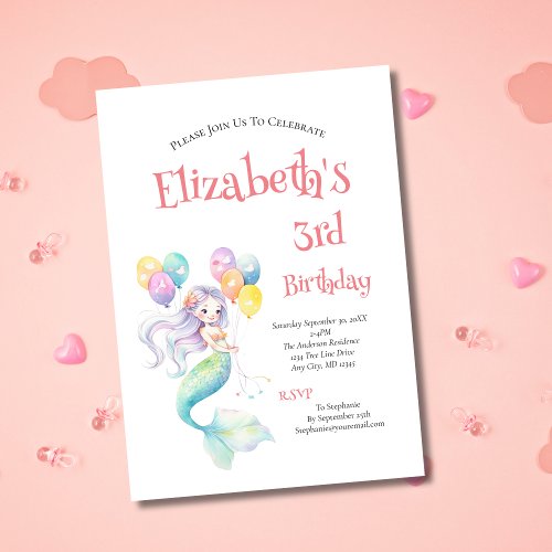 Mermaid Balloons Little Girls Birthday Party Invitation