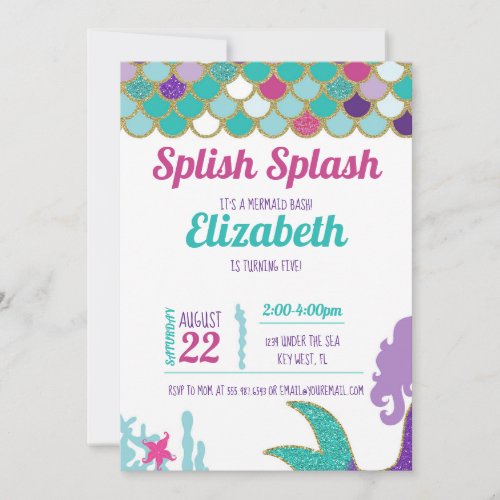 Mermaid Bash Birthday Invitation Teal Gold Purple