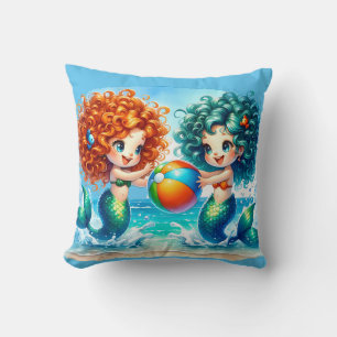 "Mermaid Beach Ball Fun" Throw Pillow