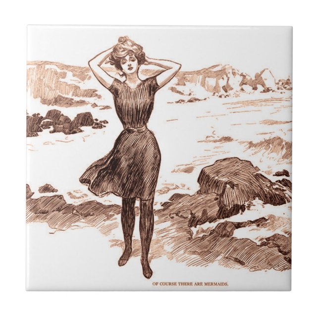 Mermaid Beach Gibson Girl Victorian Antique Ceramic Tile (Front)