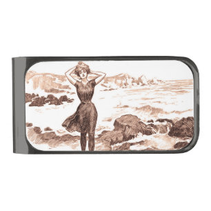 Mermaid Beach Gibson Girl Victorian Antique Gunmetal Finish Money Clip