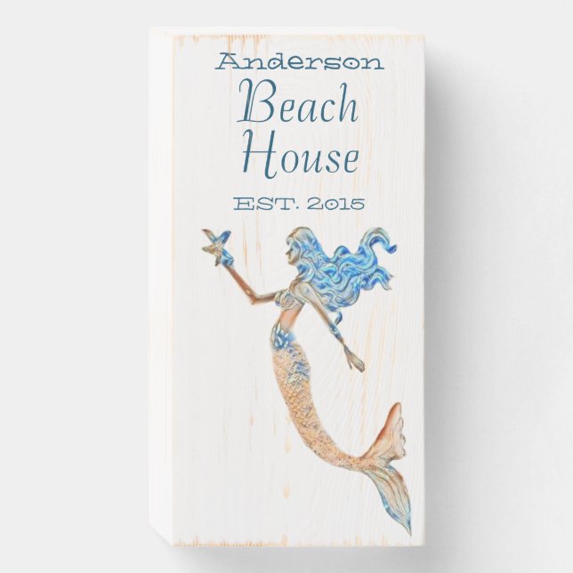 Mermaid Beach House Est. Year Personalized  Wooden Box Sign (Front Vertical)