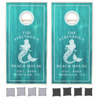 Mermaid Beach House Rustic Wood Family Name Cornhole Set