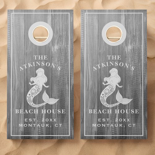 Mermaid Beach House Rustic Wood Family Name Cornhole Set