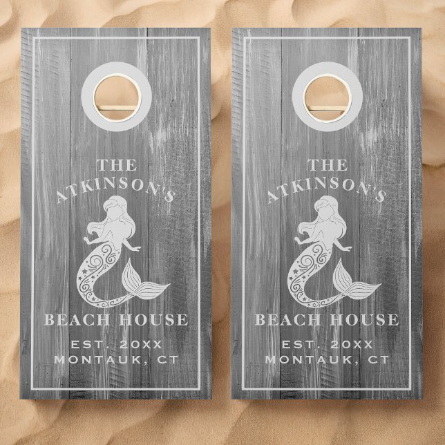 Mermaid Beach House Rustic Wood Family Name Cornhole Set (Creator Uploaded)