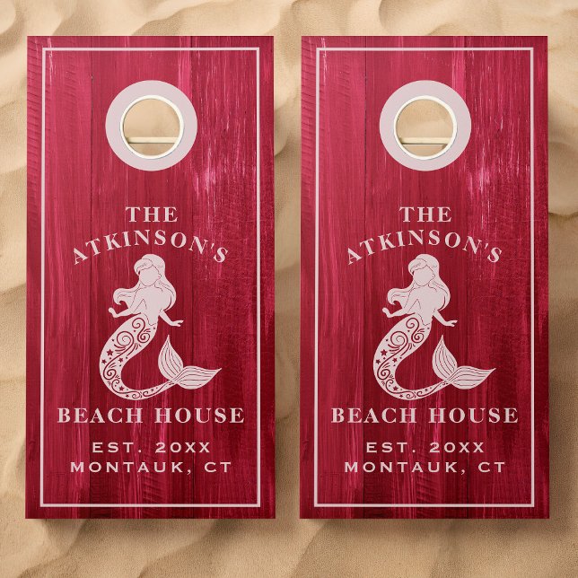 Mermaid Beach House Rustic Wood Family Name Cornhole Set (Creator Uploaded)
