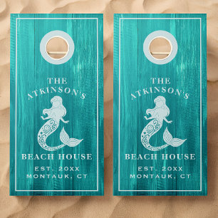 Mermaid Beach House Rustic Wood Family Name Cornhole Set
