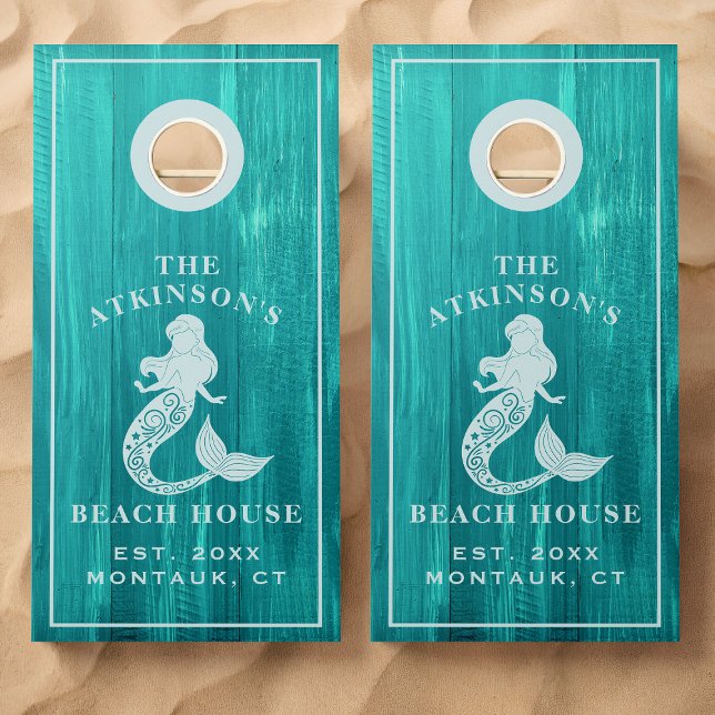 Mermaid Beach House Rustic Wood Family Name Cornhole Set (Creator Uploaded)