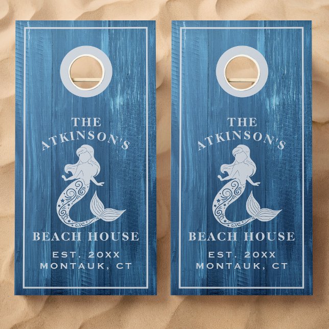 Mermaid Beach House Rustic Wood Family Name Cornhole Set (Creator Uploaded)