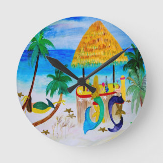 Mermaid Beach Tiki Bar Art Round Clock