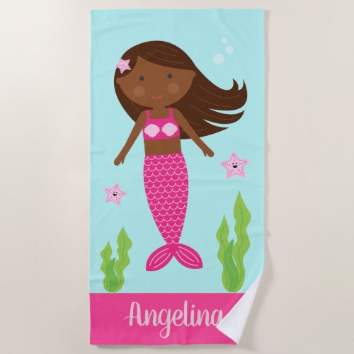 Mermaid Beach Towel  Dark Skin Brown Hair