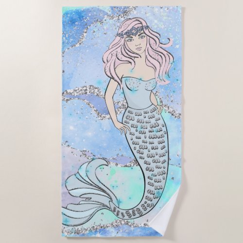 Mermaid Beautiful Ocean Blue Teal Glitter Chic Beach Towel