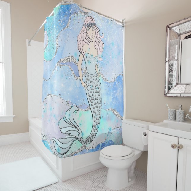 Mermaid Beautiful Ocean Blue Teal Glitter Chic Shower Curtain (In Situ)