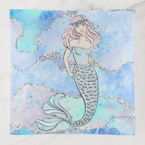Mermaid Beautiful Ocean Blue Teal Glitter Girly Trinket Tray