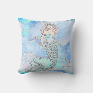Mermaid Beautiful Underwater Blue Teal Glitter Throw Pillow
