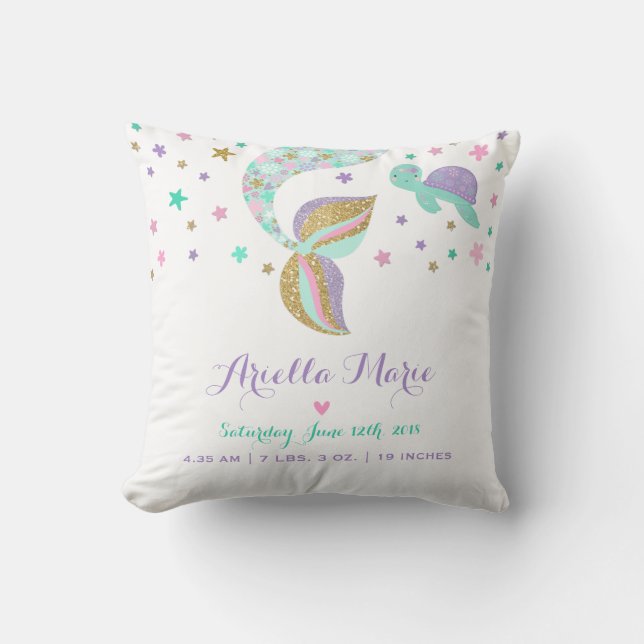 Mermaid Birth Stats Throw Pillow Mermaid Nursery (Front)