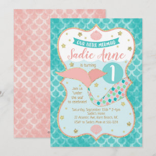 Mermaid Birthday Coral and Teal Invitation