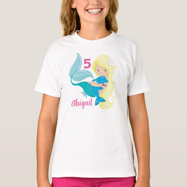 Mermaid Birthday Cute Custom Blonde Girls T-Shirt (Front)