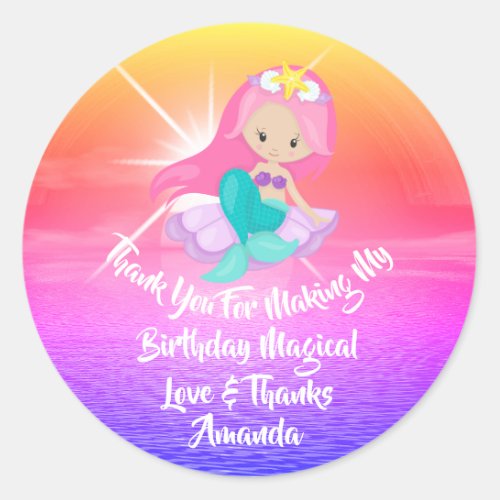 Mermaid Birthday Favor Girl Magic Sunset Pink Classic Round Sticker