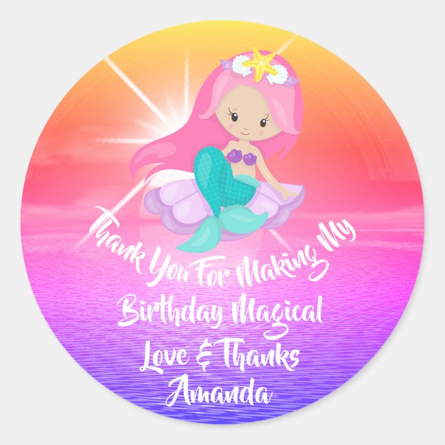 Mermaid Birthday Favor Girl Magic Sunset Pink Classic Round Sticker (Front)