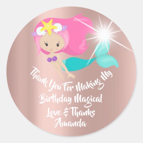 Mermaid Birthday Favor Girl Spark Braid Pink Hairs Classic Round Sticker