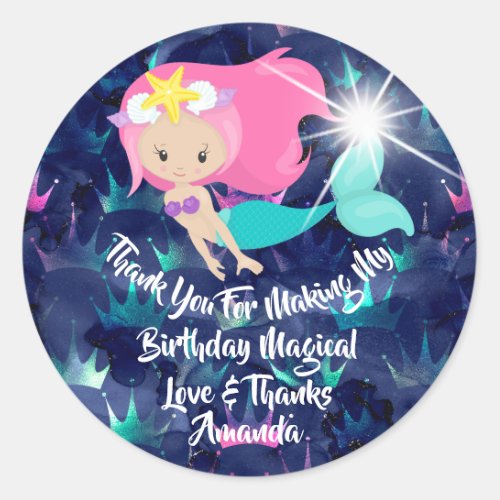 Mermaid Birthday Favor Girl Spark Braid Pink Sea Classic Round Sticker