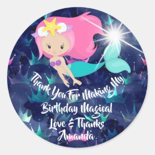 Mermaid Birthday Favor Girl Spark Braid Pink Sea Classic Round Sticker