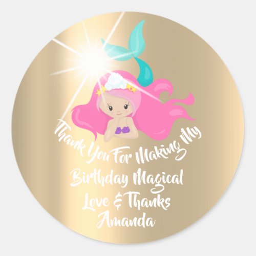 Mermaid Birthday Favor Girl Spark Gold Pink Tiffan Classic Round Sticker