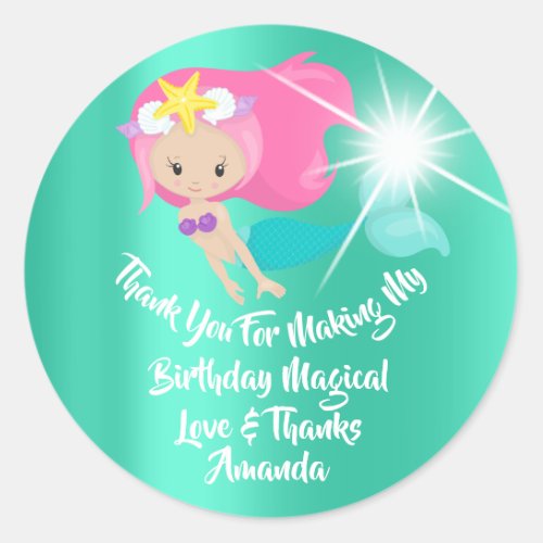 Mermaid Birthday Favor Girl Spark Mint Pink Sea Classic Round Sticker